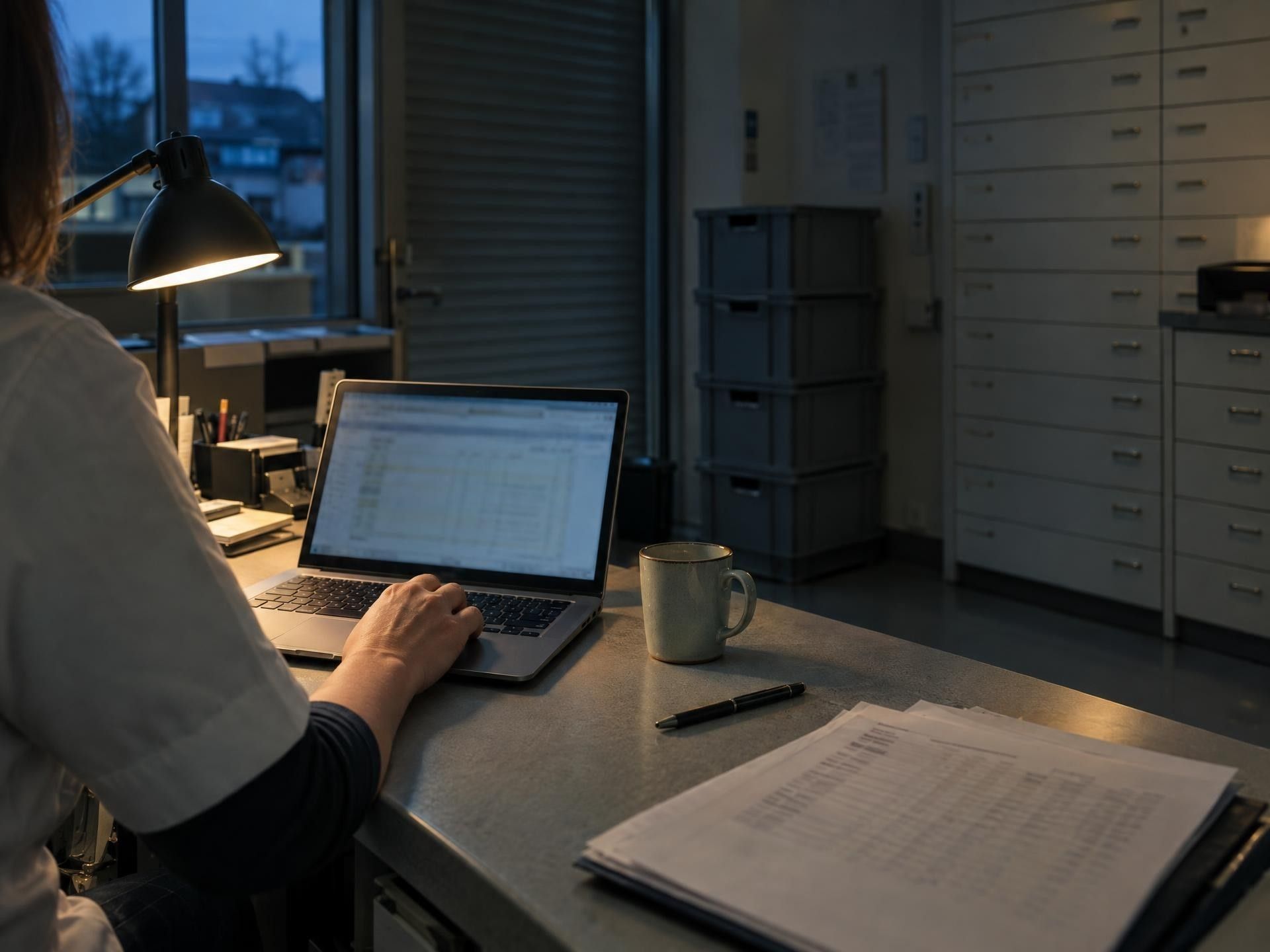 Backoffice einer Apotheke nach Ladenschluss mit einem aufgeklappten Laptop