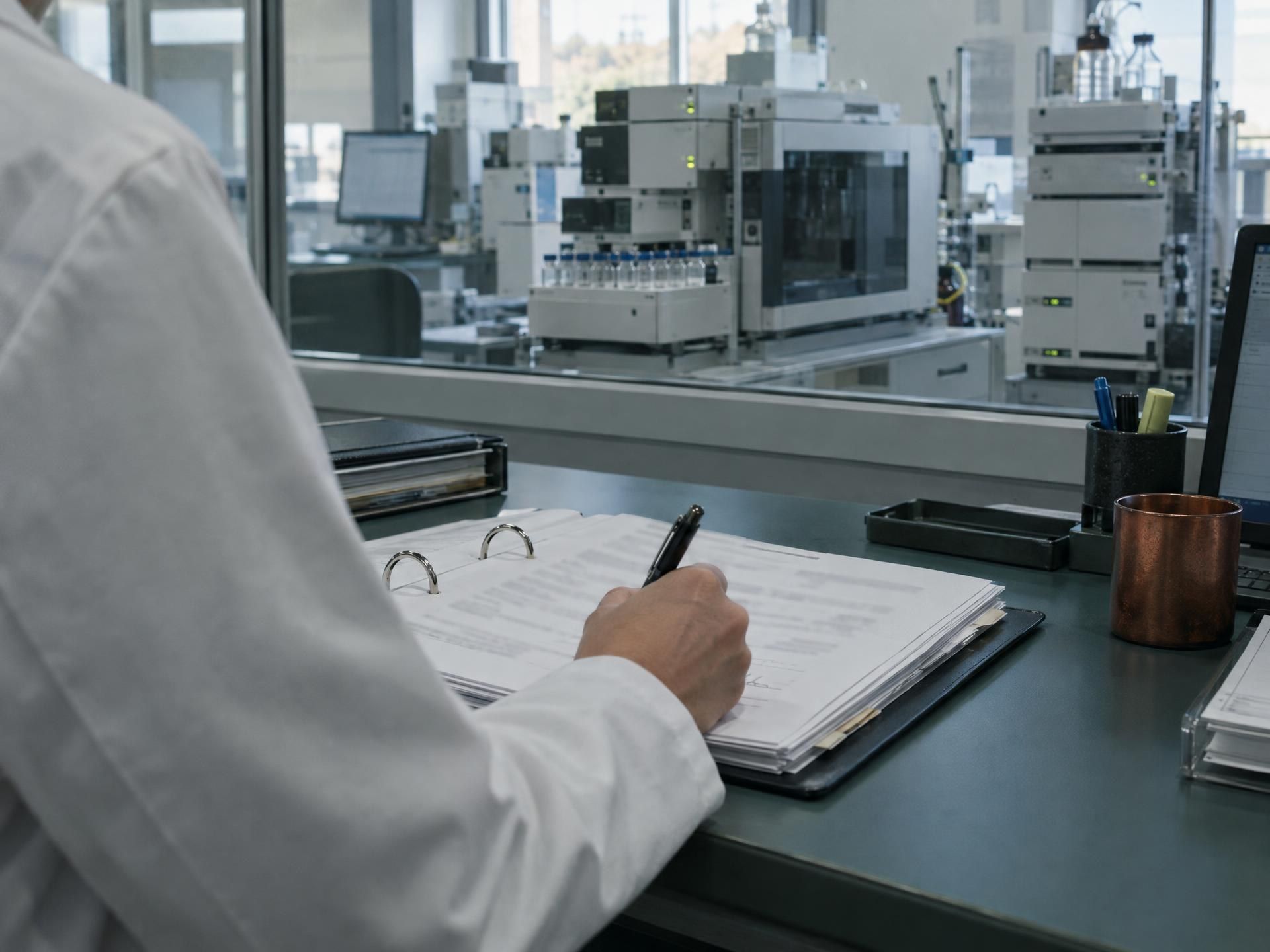 Unterschrift unter einem Chargenprotokoll in einem Labor für Qualitätskontrolle